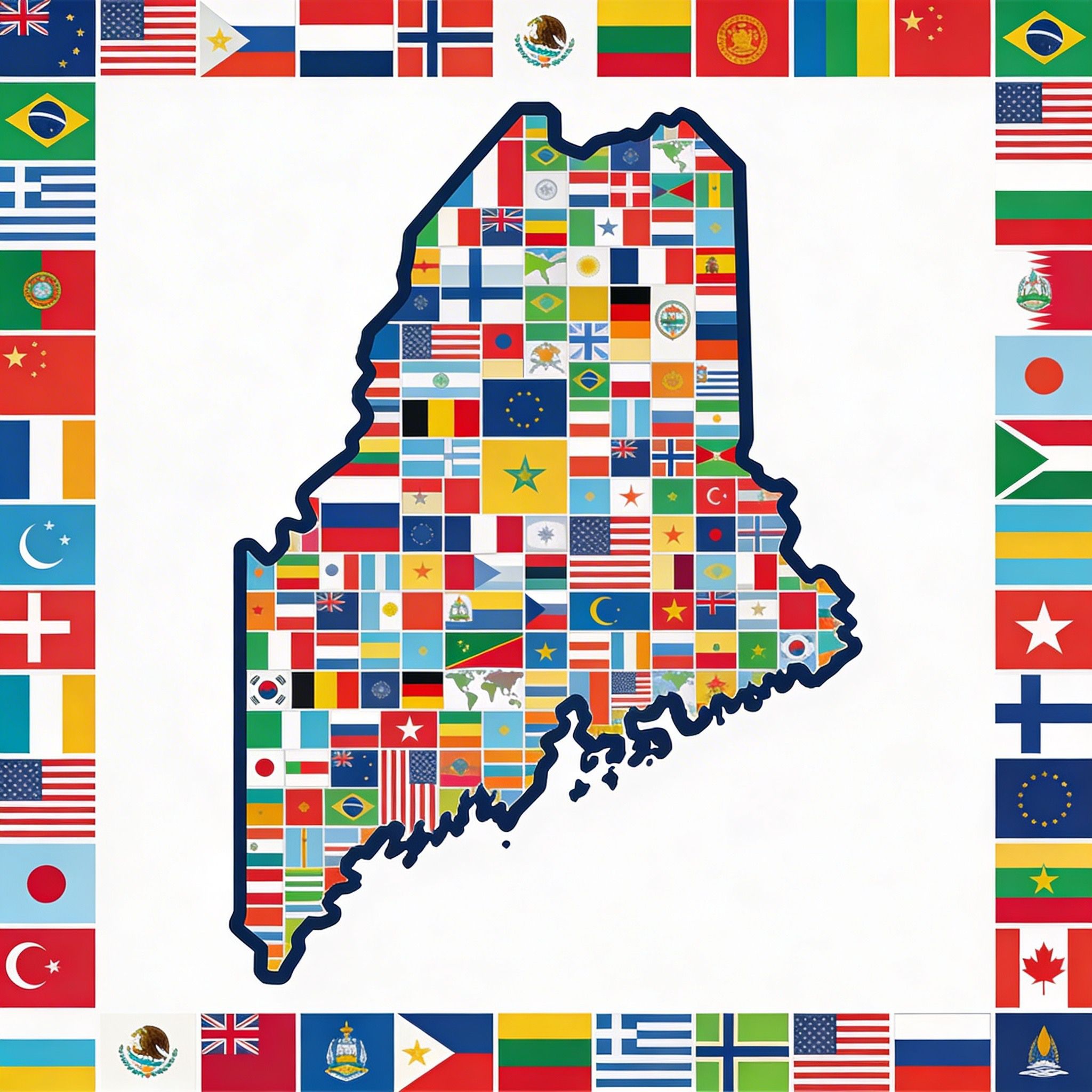 NAT Interpretation & Translation Services, LLC — Maine outline filled with world flags